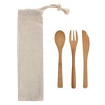 3 Piece Bamboo Utensil Set In Travel Pouch - Natural