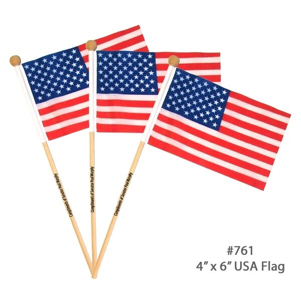 Main Product Image for Custom Printed Hand Held USA Flag 4'x6" with 10" wooden pole