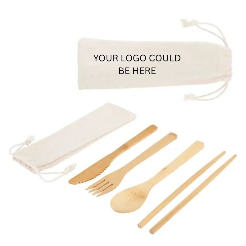 Main Product Image for Branded Bamboo Cutlery Set In Cotton Drawstring Pouch