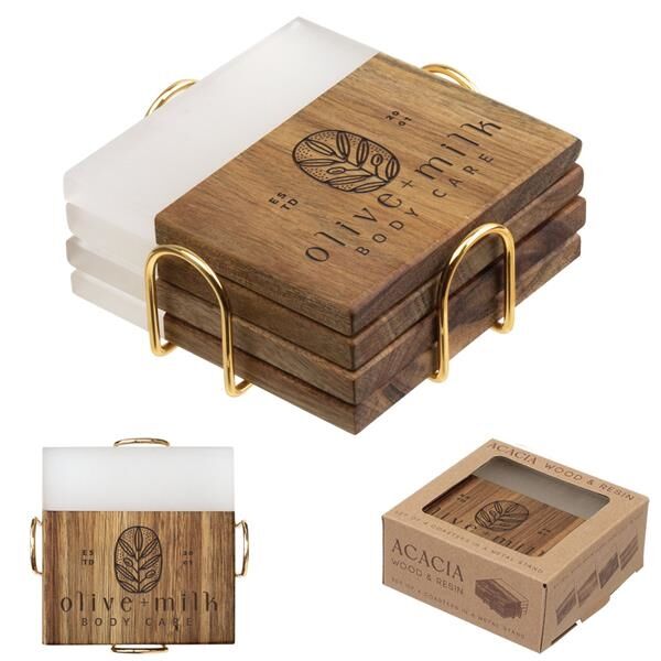 Main Product Image for Custom Printed Acacia Wood and Resin Coaster Set