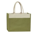 Jute Tote Bag With Front Pocket - Light Green With Natural