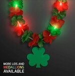 LED Christmas Hawaiian Lei Party Necklace w/ Shamrock Medallion - Green