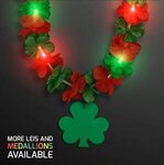 LED Christmas Hawaiian Lei Party Necklace w/ Shamrock Medallion - Green