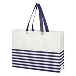 Non-Woven Horizontal Stripe Tote Bag - White With Navy Blue