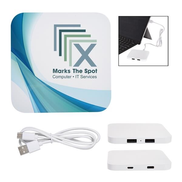 Main Product Image for Custom Printed Power Up 2-Port USB Hub & Wireless Charging Pad