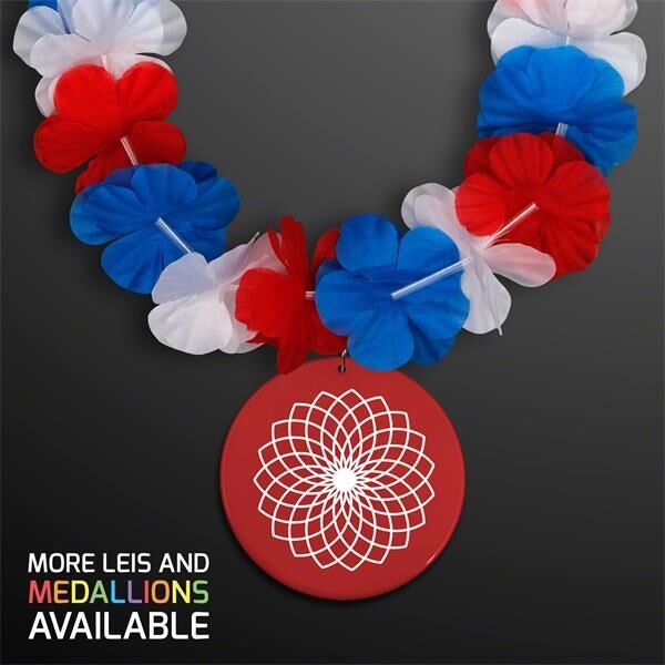 Main Product Image for Red White & Blue Flower Lei with Red Medallion (Non-Light Up)