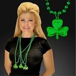 SHAMROCK MEDALLION WITH GREEN MARDI GRAS BEADS -  