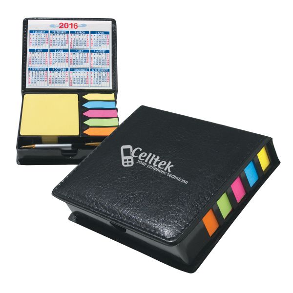 Main Product Image for Square Leather Look Case of Sticky Notes with Calendar & Pen