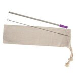 Stainless Straw Kit With Cotton Pouch - Silver With Purple